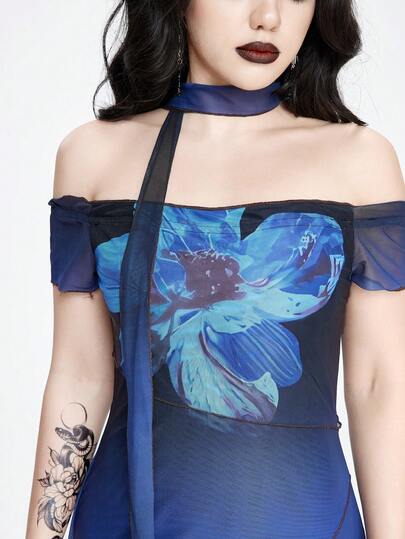 Goth Elegant And Sexy Lady Mature Floral Print Mesh Scarf Off Shoulder Women's Dress