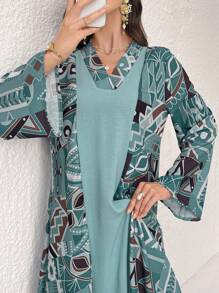 Seusyu 女式 V 领印花拼接休闲长袖阿拉伯朴素连衣裙