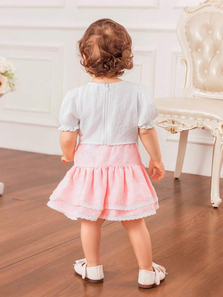 Baby Girl Cute Casual Bubble Short-Sleeved Top, Textured Flower Pattern, Color-Blocking Bowknot, Elastic Waist Sun-Skirt Set With Ruffle Trim