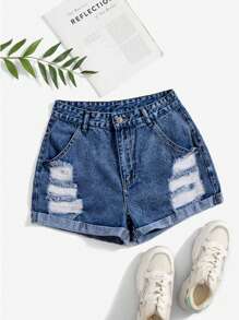 SHEIN EZwear 女款洗舊卷邊牛仔短褲，設有口袋，適合日常穿著或旅行 - 深色水洗藍 - 查看 4