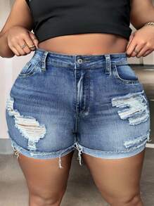 SHEIN CURVE+ Plus Size Nữ Đau Khổ Miếng Dán Cường Lực Viền Sờn Quần Short Denim Thường Ngày Có Túi - Rửa trung bình - Xem 4