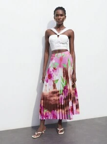 Maija 女士夏季時尚水印花褶皺裙 - 杏色 - 查看 7