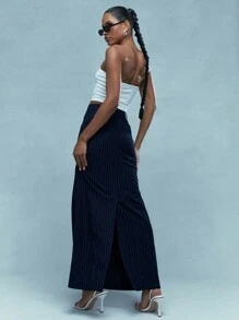 MISSGUIDED Tailored Pinstripe Maxi Skirt With Back Slit - Blue - View 3