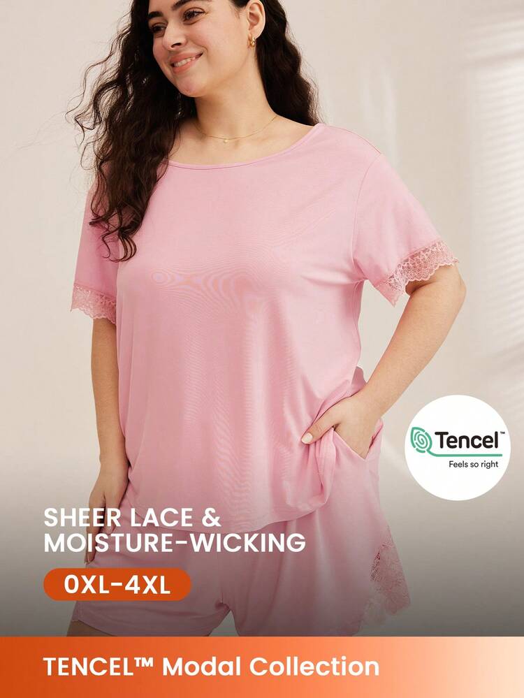 Conjunto de pijama corto rosa de TENCEL™ Modal súper suave para mujer talla grande, conjunto de lencería y pantalón corto para uso en el hogar