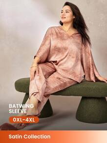 LUVLETTE Set de pijamale lungi pentru femei Vacation Plus din satin Tie-Dye cu mâneci liliac