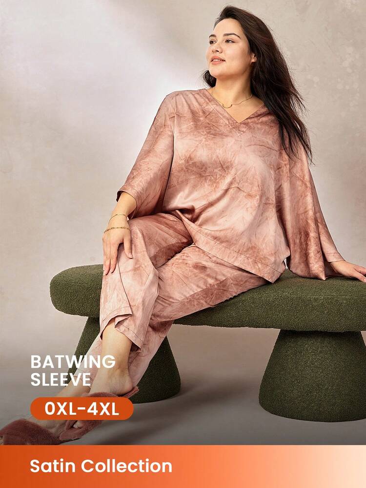 Women Vacation Plus Satin Tie-Dye Batwing Sleeves Long Pajama Set Lounge Set Lingerie As Outerwear