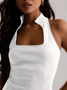 MUSERA Halter Neck Stand Colour Bodycon Dress Spring Summer Elegant, Cute Ibiza Beach Holiday Night Out Going Out, Church, Date Night Fall   Valentines Day - White - View 5