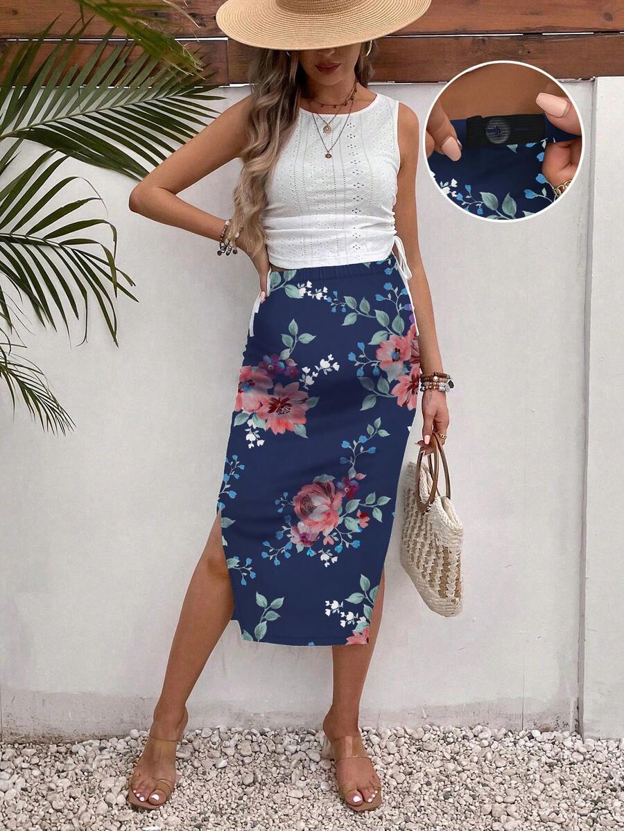 Fashionable Printed Maternity Adjustable Skirt Summer - Navy Blue - View 1