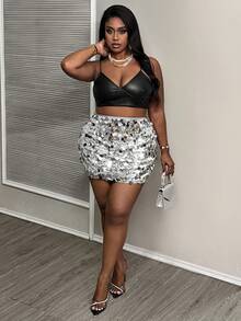Slaydiva Plus Size Sparkly Silver Slim Fit Sequins Mini Skirt, Autumn/Winter - Silver - View 6