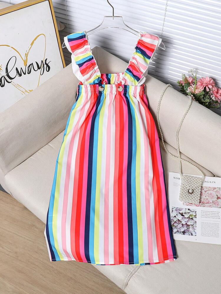 Tween Girl Vacation Casual Colorful Striped Ruffle Hem Dress