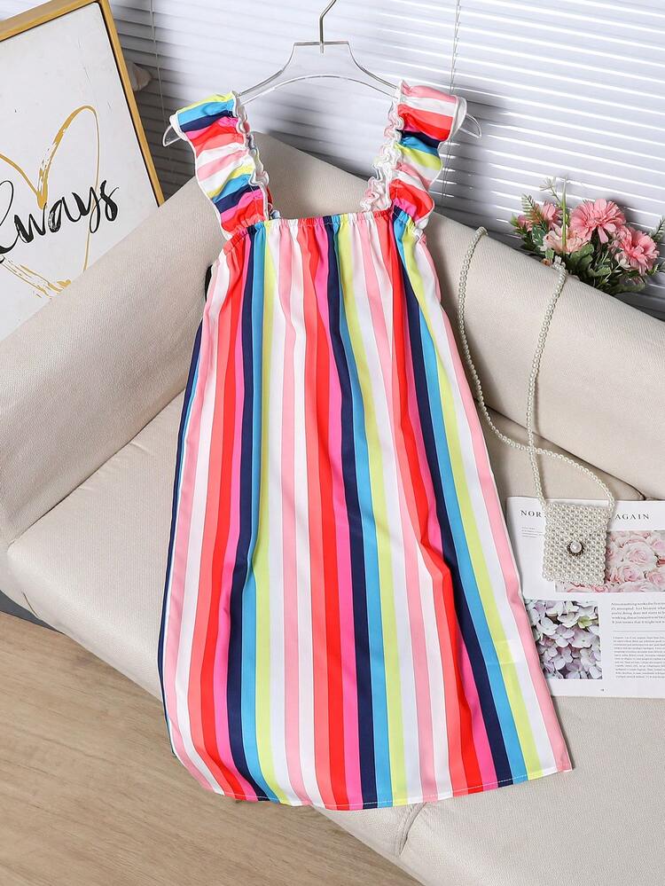 Tween Girl Vacation Casual Colorful Striped Ruffle Hem Dress