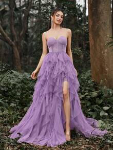 Faeriesty Luxe 网眼覆盖下摆开叉大腿管礼服