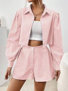 SHEIN Essnce 女士条纹衬衫+短裤两件套，商务装 - 淺粉色 - 查看 4