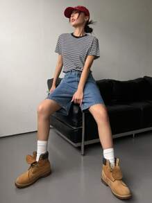 DAZY 女士條紋印花圓領短袖休閒T恤，夏季 - 黑色 - 查看 5