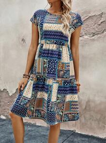 Rusticease Women's Summer Dress With Pattern Print And Short Sleeves - Multicolor - View 3