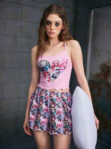 Harley Quinn X SHEIN Conjunto de Pijama Feminino com Top Cami e Shorts com Babados e Estampa de Coração de Personagem de Desenho Animado, para o Verão - Rosa chiclete - Visão 4