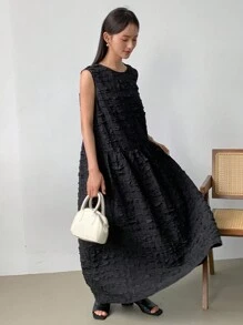 FRIFUL 女士纯色简约日常无袖夏季连衣裙太阳裙，休闲女装 - 黑色 - 查看 3