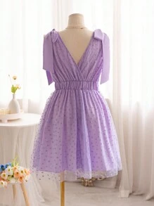 Soleia Holiday Romantic Mesh Bowknot Strap V-Neck Plus Size Dress - Mauve Purple - View 2