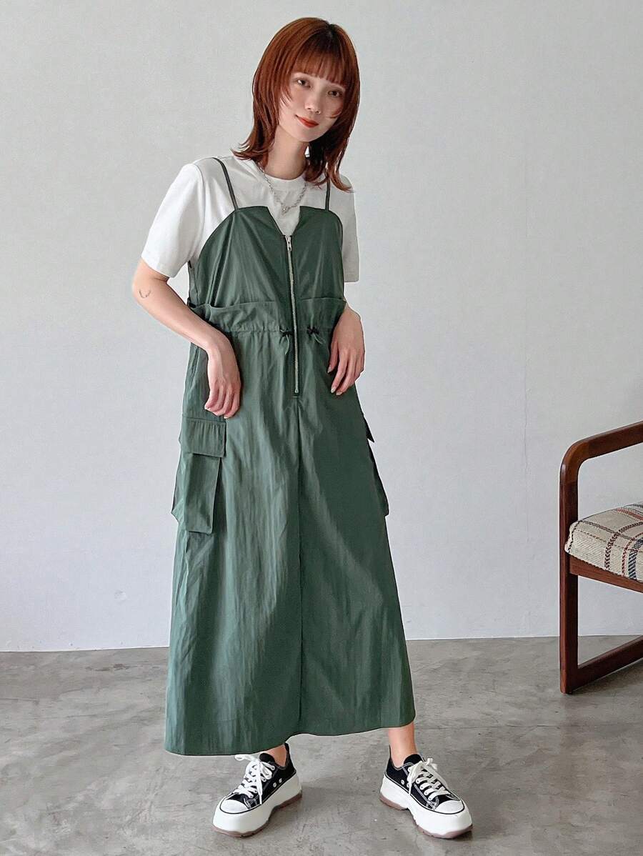 FRIFUL 女式休闲纯色可调节抽绳腰无袖连衣裙，适合返校季太阳裙 - 墨綠色 - 查看 1