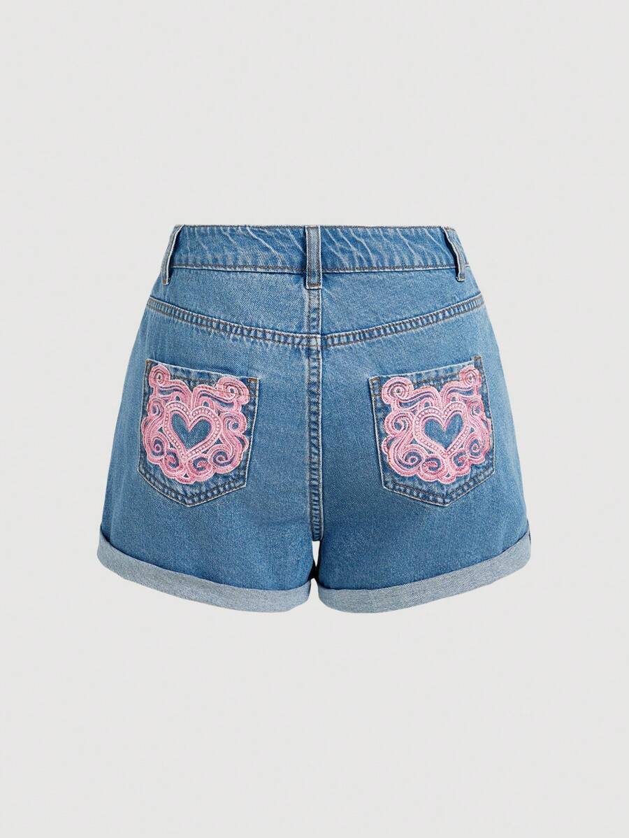SHEIN MOD Women's Casual Sweet Pink Embroidered Denim Shorts, Tea Blue - Medium Wash - View 1