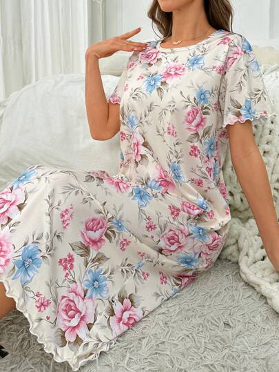Bloemen Print Crew Neck Short Sleeve Shirt Sleep Dress Pajama Dress, Moo view 4