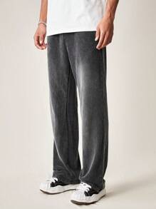 Manfinity VCAY 男士简约宽松针织休闲裤纯色直筒长款抽绳运动裤纯棉我的时代纯色深灰色时尚 - 黑色 - 查看 7