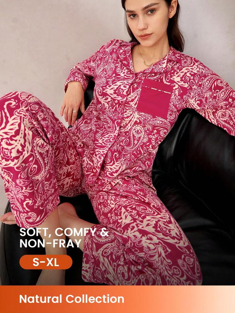 Ensemble de pyjama long en coton imprimé cachemire rouge pour femmes. Ensemble de détente pour femmes avec pantalon à poches. Vêtements de pyjama d'automne