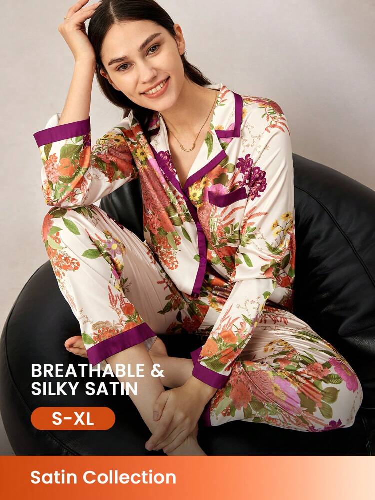 Chinese Style Large Scale Floral Print Satin Long Women Pajama Sets Lounge Sets For Women Lingerie, Fall Clothes