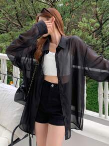 DAZY Áo chống nắng tay dài màu trơn cho nữ, mùa hè, áo dài tay mỏng, quần áo nữ mùa thu - màu đen - Xem 2