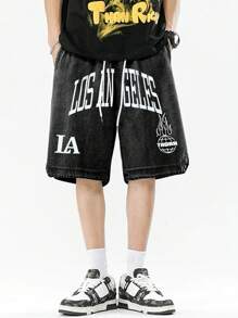 ROMWE MEN Street Life Men's Letter Printed Denim Shorts, Suitable For Daily Wear In Spring And Summer - Black - View 1