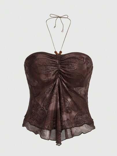 Hippie Plus Size Summer Bohemian Paisley Printed Halter-Neck Top For Vacation