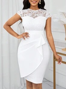 SHEIN Lady Wedding Guest Dress Lace Stitching Round Neck Unplanned Hem Women's Dress