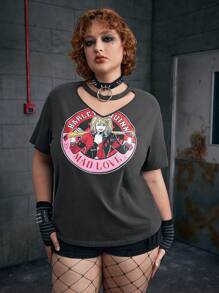 Harley Quinn X SHEIN 大码前卫、深色、时尚灰色宽松针织心形和卡通人物图案镂空 T 恤，夏季 - 黑色 - 查看 7