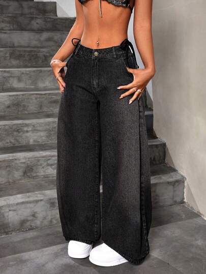 SHEIN ICON Women's Loose Fit Wide Leg Casual Denim Pants With Pockets For Daily Wear And Travel,Ladies Casual Button,Pocket,Zipper Drop Waist Wide Leg Long Dark Grey Baggy Loose Women Jeans,Spring/Fall,Casual Daily Wear
