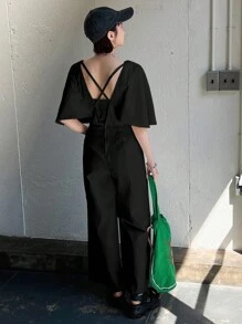 FRIFUL 女士休閒純色蝙蝠袖牛仔連身褲，春夏必備