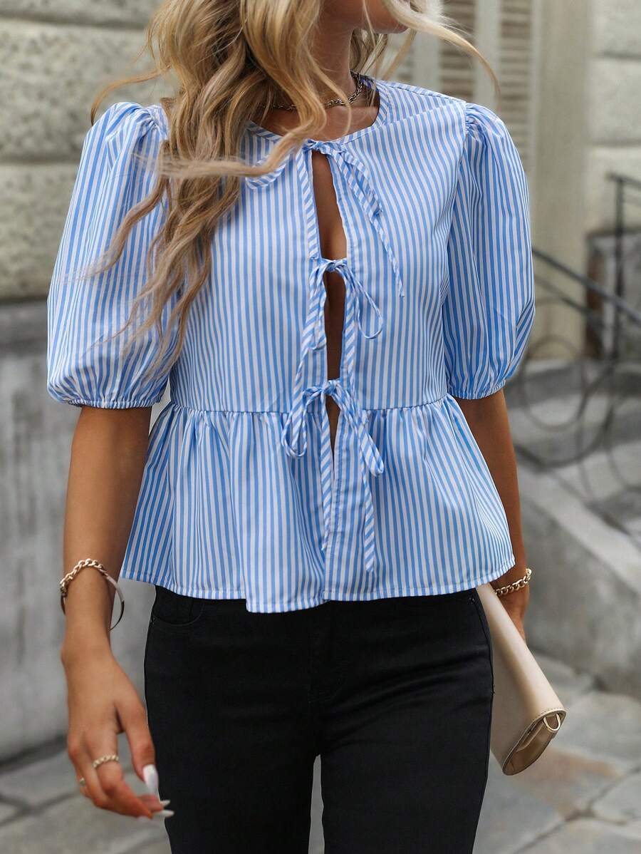 SHEIN LUNE Women's Fashion Vertical Stripe Short Sleeve Shirt Peplum Top