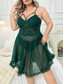 SHEIN Plus Size Diamond Check Translucent Mesh 3D Lace Cami Sleep Dress Pajama Dress With Large Hemline - Dark Green - View 4
