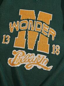 ROMWE MEN Men's Knitted Sweater With V-Neck And Letter Design - Dark Green - View 5