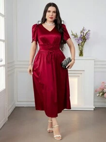 Modelyn Burgundy Red Plus Size Women's Solid Color Simple Short Sleeve Arabic Clothing For Daily Wear - Burgundy - View 4