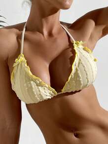 SHEIN Swim Women's Summer Beach Light Yellow Bikini Top With Frill Trim And Neck Ties - Yellow - View 1