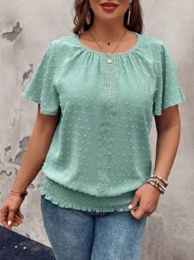 SHEIN LUNE Lace Decorated Round Neck Loose Fit Shirt With Elastic Bottom Hem Short Sleeves, Plus Size - Green - View 6