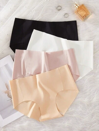 4pcs/Set Tween Girl Teen Seamless Ice Silk Breathable Triangle Panties, Solid Color