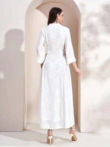 Women V-Neck Tie-Up Minimalist Arabic Style Dress - White - View 2