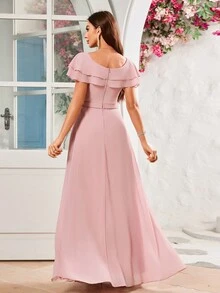 Butterfly Sleeve High Slit Fitted Chiffon Bridesmaid Dress - Pink - View 2