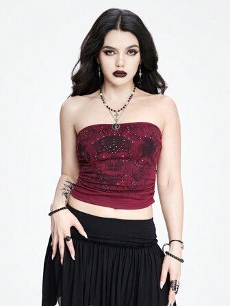 Goth Dark Goth Skull & Rose Element Printed Strapless Top For Women With Glittering Rhinestones
