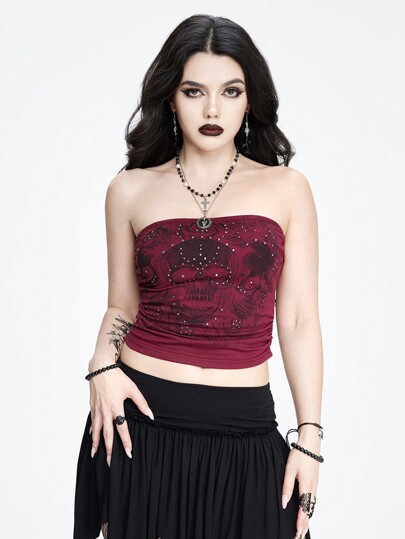Top senza spalline stampato con l'elemento teschio e rosa dark Goth per donne con brillanti strass