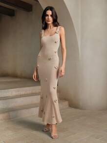 Anewsta Women's Slim Fit Fish Tail Shaped Camisole Cover Up With 3D Floral Design, Summer - Apricot - View 4