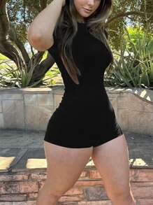 Mystra 女士纯色百搭简约日常连体衣，夏季 - 黑色 - 查看 3