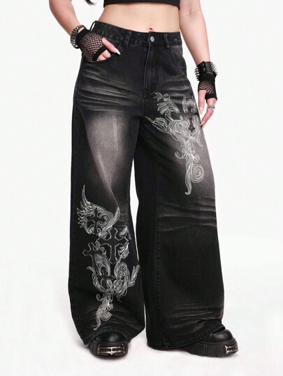 Grunge Punk Women's Loose Fit Cross Patterned Pocket Flared Casual Boy Friend Jeans