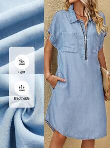 SHEIN LUNE Vestido de verano con solapa, mangas murciélago y cremallera para mujer, vestido sólido de color para el trabajo diario